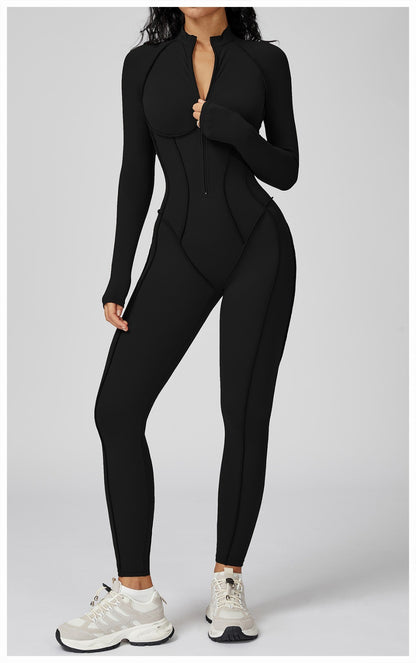 Seamless Yoga Jumpsuit Peach Hip High Elasticity Zipper Bodysuit Long Sleeves One-Piece Workout Clothes Gym Leggings Sportswear