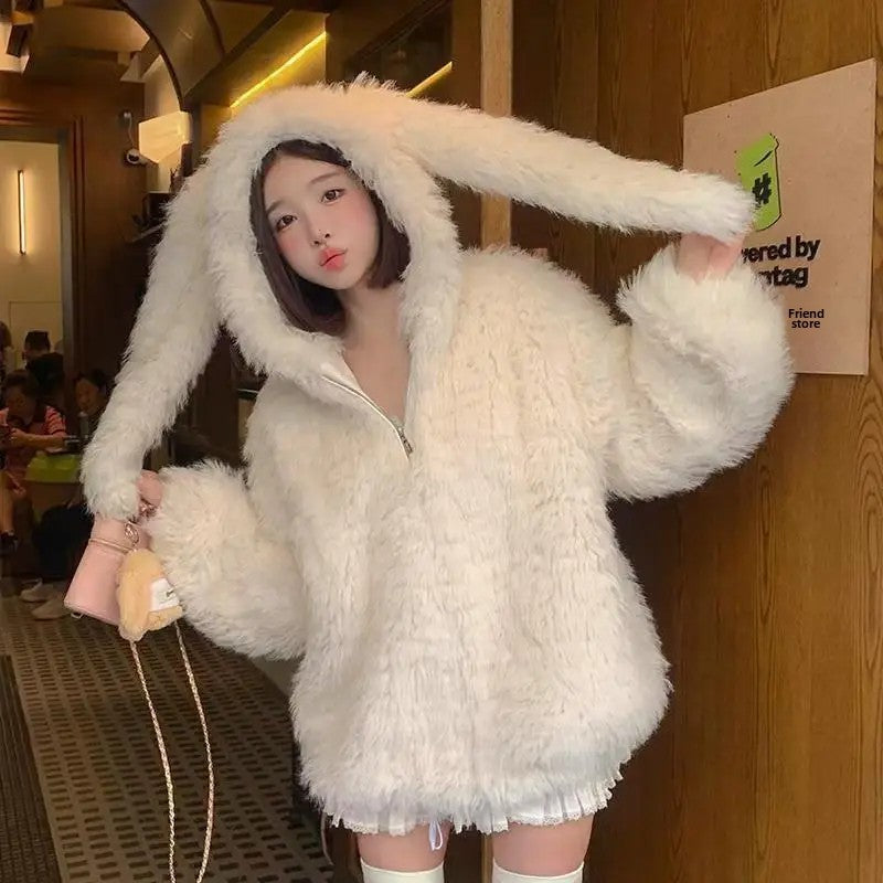 Women's Faux Lamb Fur Coat Thickened Loose Jacket Cute Rabbit Ears Autumn Winter New Arrival Warm Soft Outerwear