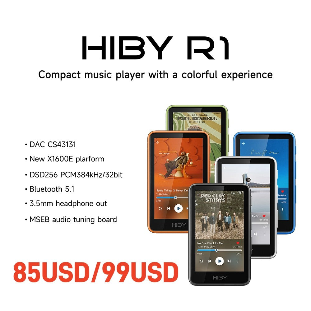 Reprodutor de Áudio HiBy R1 HiFi MP3 USB DAC WiFi Bluetooth 5.1 DSD256 PCM384kHz/32bit X1600E CS43131 MSEB Rádio Web Saída 3.5mm