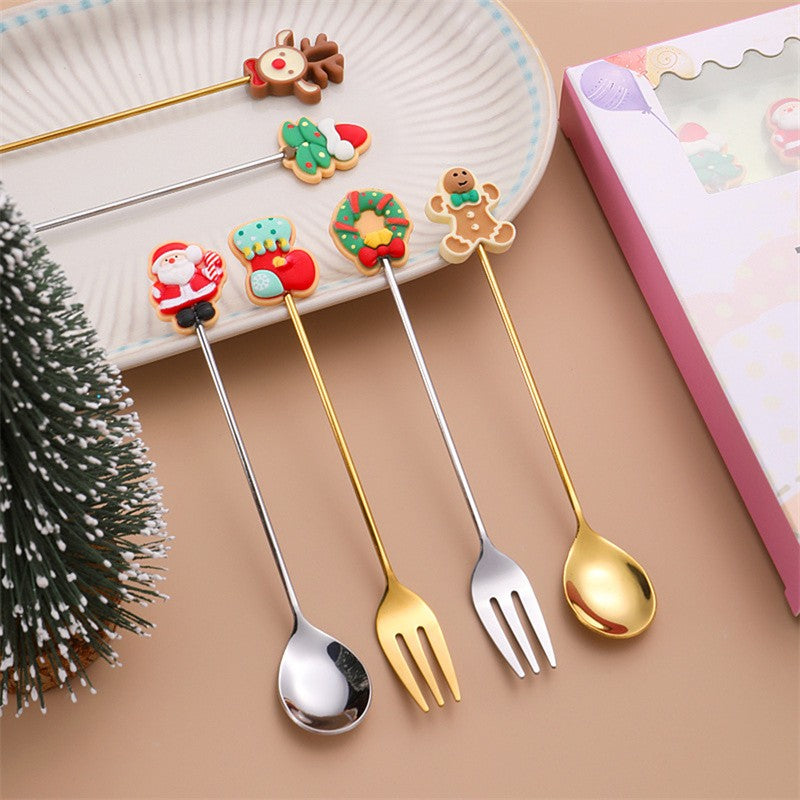 Christmas Gift  Deco Tableware Cutlery Set Elk Christmas Tree Decoration Dessert Spoon Fruit Fork Coffee Spoon Cutlery Gift