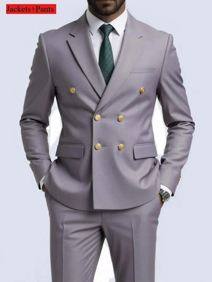 Double Breasted Light Gray Suit Men Wedding Prom Party Business Groom Tuxedo Wedding Suit (Blazer+Pant)