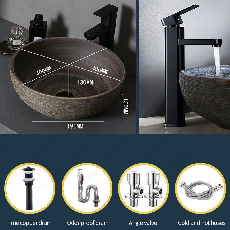 Cuba de Cerâmica Marrom para Lavatório de Banheiro Oval Artística para Mesa de Banheiro, Bacia de Lavar Roupa para Varanda, Bacia de Pedestal Acima do Balcão