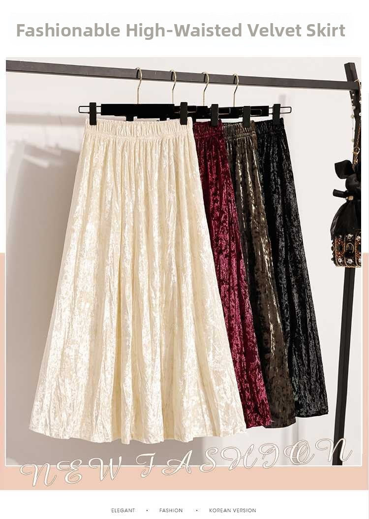 Plus Size Plus Size Women's Velvet Pleated A- Line Midi Skirt Autumn Winter Slimming Half-length Versatile Fashionable Commut...