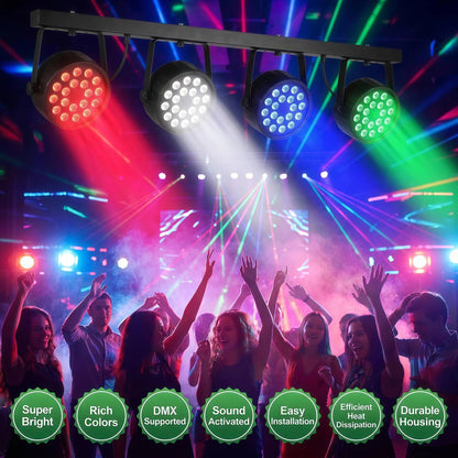 4Pcs LED PAR Light 18X18W RGBWA+UV Remote control disco light Flat Par Light  Family Birthday Party Theater Wedding KTV Bar