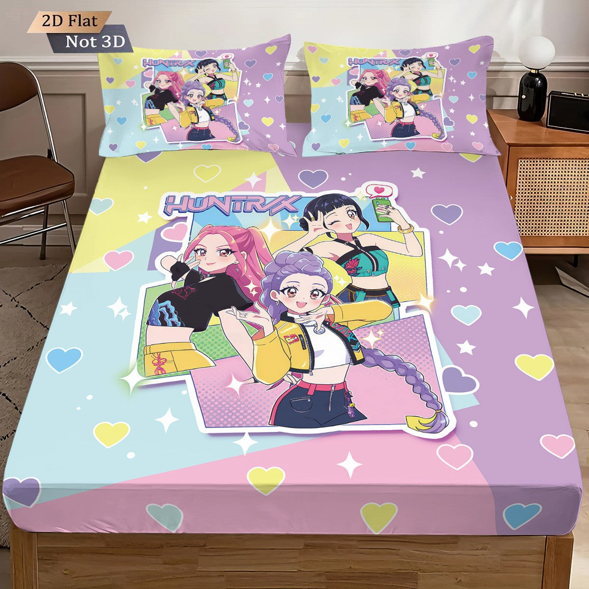 Conjunto de Lençóis Sem Lascas Estampado K-Pop Demon Hunters de 3 Peças Vários Tamanhos Macio Capa de Cama Decoração de Quarto Lavável à Máquina