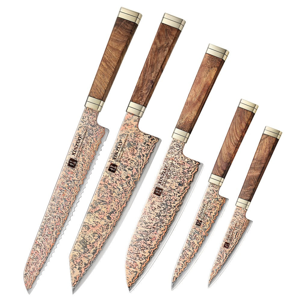 XINZUO 1-5 peças Conjunto de facas de cozinha Artesanais Faca de Chef Lâmina de Aço Damasco de Cobre Tricolor 53 Camadas com Cabo de Madeira Padauk e G10