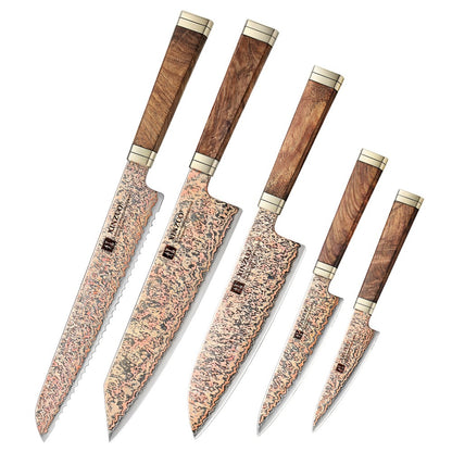 XINZUO 1-5 peças Conjunto de facas de cozinha Artesanais Faca de Chef Lâmina de Aço Damasco de Cobre Tricolor 53 Camadas com Cabo de Madeira Padauk e G10