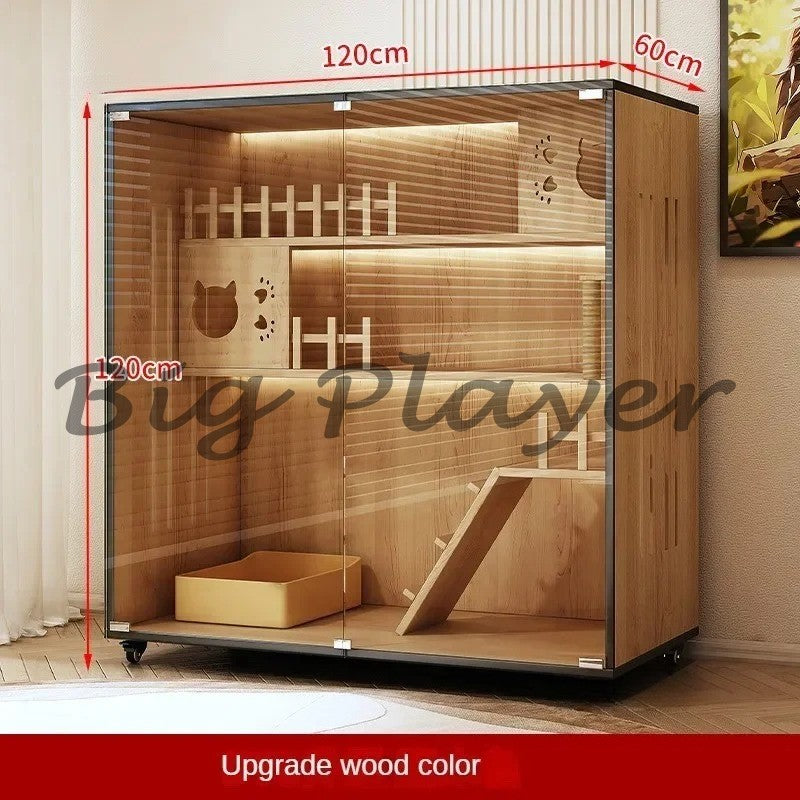 Gaiolas de Gato Luxuosas de Madeira Maciça para Casa Interna, Casa de Gato de Vidro Temperado, Gaiola Grande com Espaço Livre para Pet, Gaiolas Móveis para Gatos Villa