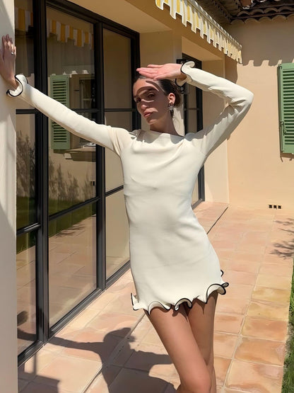 Dulzura O-Neck Long Sleeves Ruffles Patchwork Bodycon Mini Dress Sexy Elegant Ou