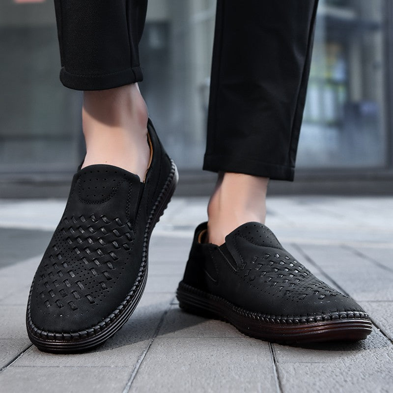 New 2024 Handmade Leather Men Shoes Design Fashion Sneakers Slip On Loafers Summer Mesh Breathable Casual Shoes Men Driving Flat