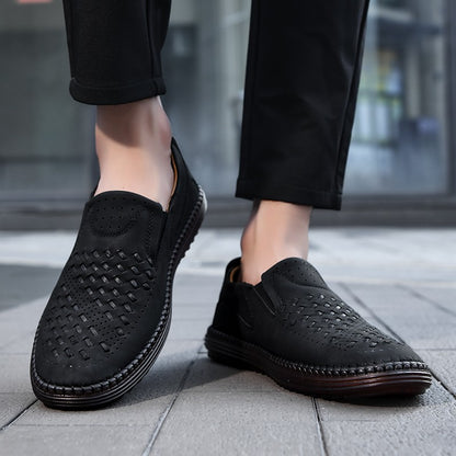 New 2024 Handmade Leather Men Shoes Design Fashion Sneakers Slip On Loafers Summer Mesh Breathable Casual Shoes Men Driving Flat