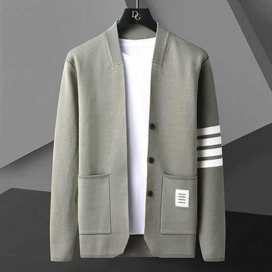 High-end Autumn Cardigan Jacket for Men, Color-block Striped New Long-sleeve Button Decorative Knitwear for Middle-aged and Youn
