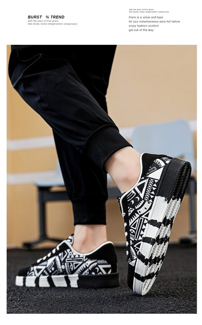 YRZL Men's Sports Running Shoes Canvas Geometric Style Lace-Up Sneakers Couples' Fashionable Graffiti Print Skate Shoes Men