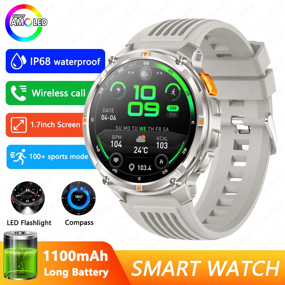 Relógio Inteligente Militar para Homens, Bateria de 1100mAh, Bússola, Monitor de Fitness, Tela AMOLED HD, Chamada BT, Smartwatch para Android IOS