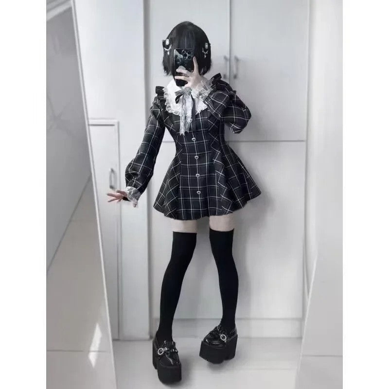 Harajuku Sweet Bow Black Plaid Dresses All-match Slim Fit Kawaii Lolita Dress fo