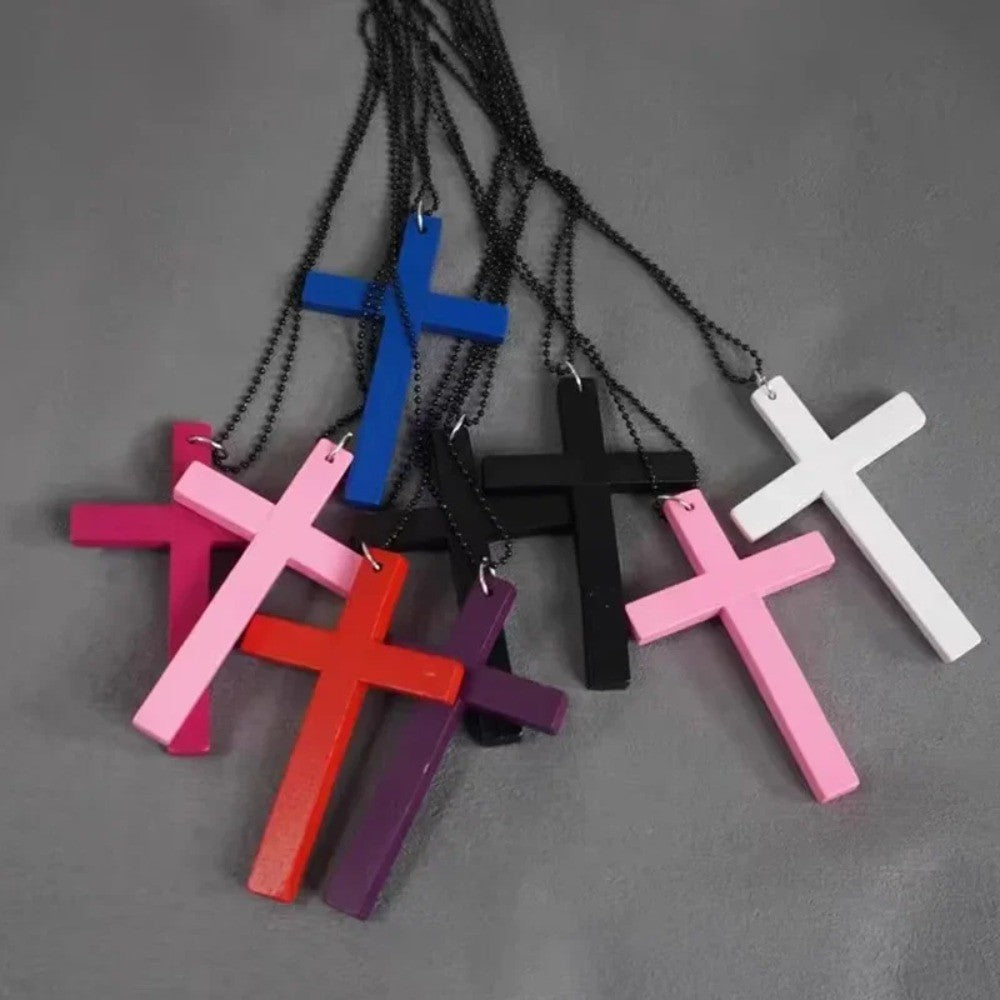 Fashion Punk Gothic Wood Cross Pendant Necklace for Women Men Halloween Vintage Black Hip Hop Y2K Accessories Party Jewelry Gift