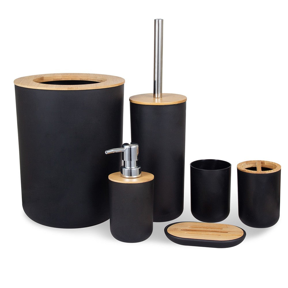 6 peças/conjunto caixa dispensadora de sabonete escova sanitária garrafa de loção lata de lixo bambu plástico conjunto de armazenamento de banheiro suporte para escova de dentes e copo