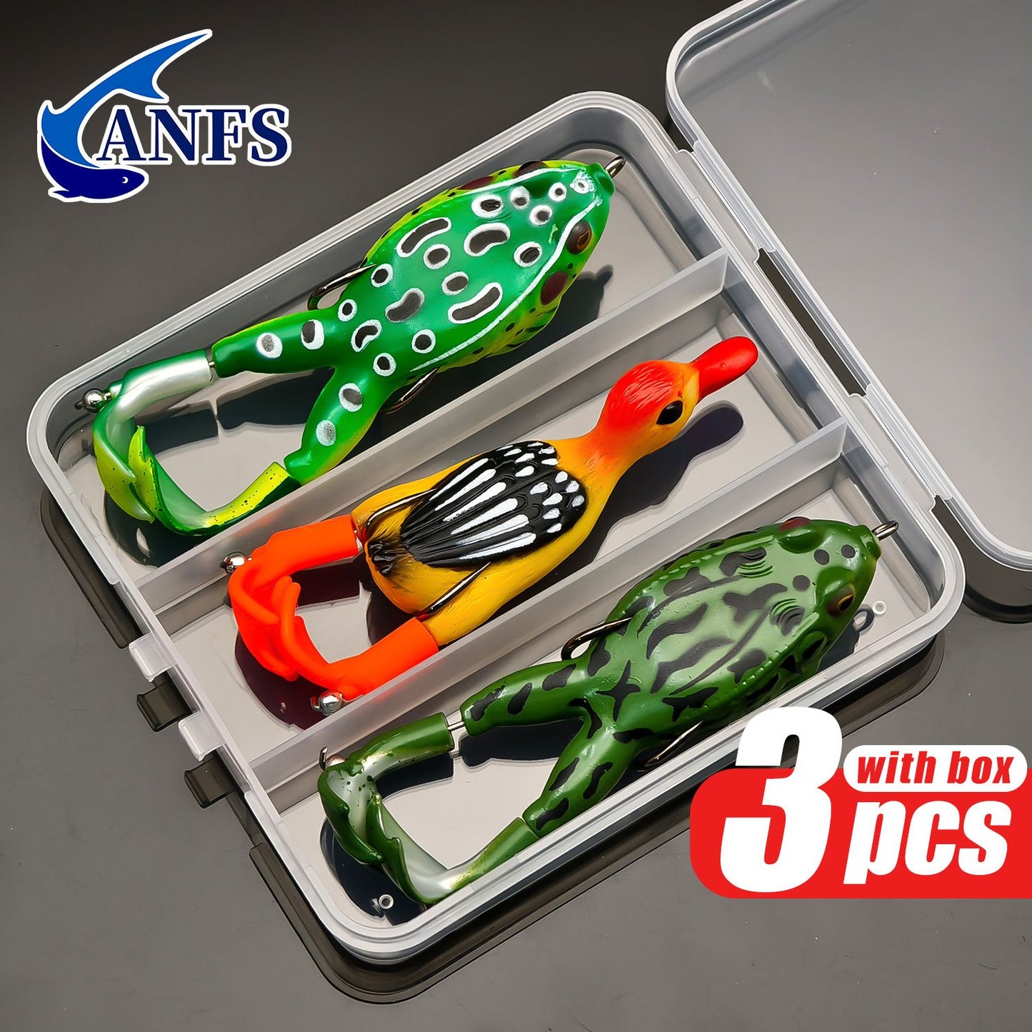 ANFS 3 iscas de pesca premium em formato de sapo-pato com caixa de armazenamento - Isca macia para pesca em água doce na superfície