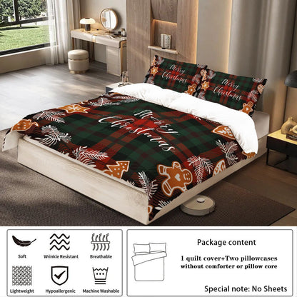 3-piece Christmas themed red checkered Christmas Happy English pattern print (1 duvet cover+2 pillowcases, no core) bedding set