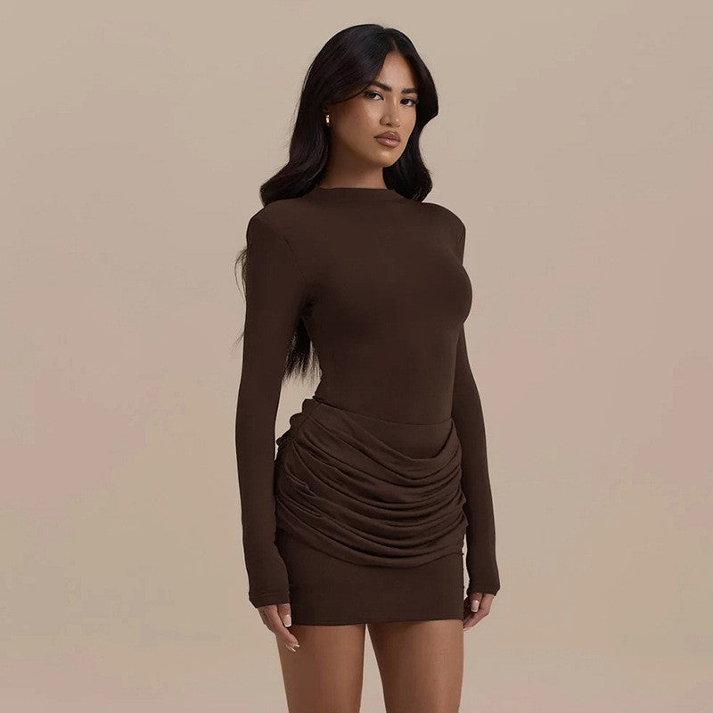 Lady Long Sleeve Ruched Sexy Mini Dress Women Autumn Winter New Elegant Solid High Waist Bodycon Club Party Dresses Female 2025
