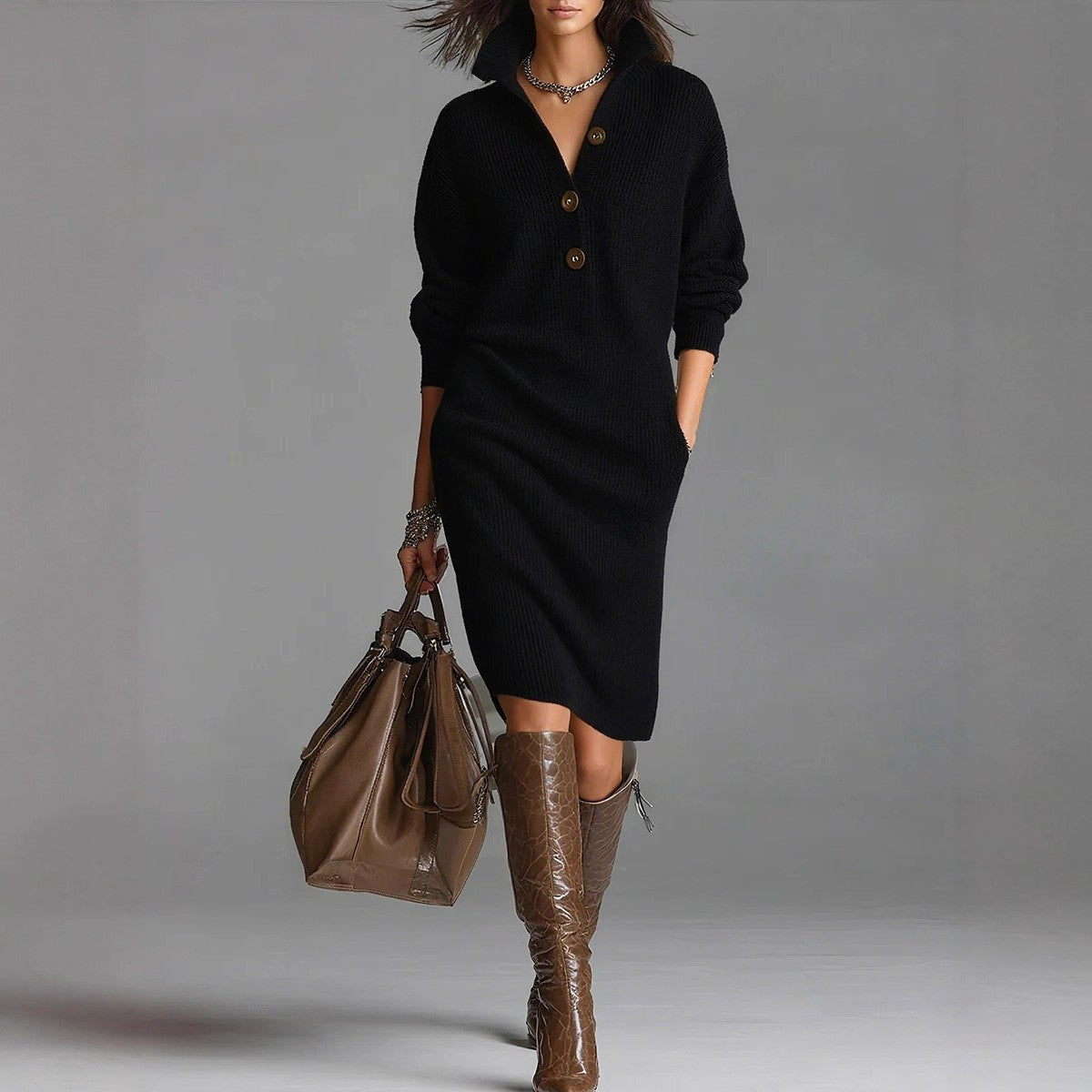 Fall Winter Sweater Dress Women 2025 Fashion Solid Color Slim Long Sleeve Midi Dresses Elegant