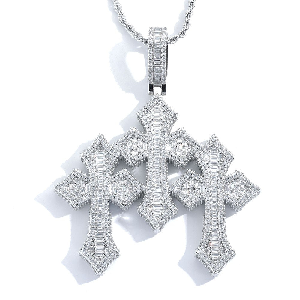 High Quality 3Inch Mens Hip Hop Cross Pendant New Release Iced out Triple Cross with Stone Charm Necklace Made Brass