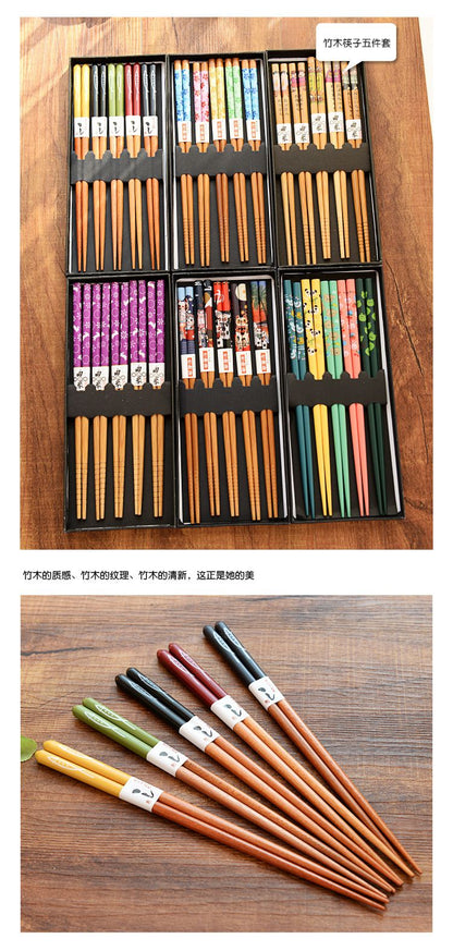 5 Pair Set Bamboo Chopsticks Tableware Non-Slip Japanese Natural Wood Sushi Food Multi Color Household Long Chopsticks Set