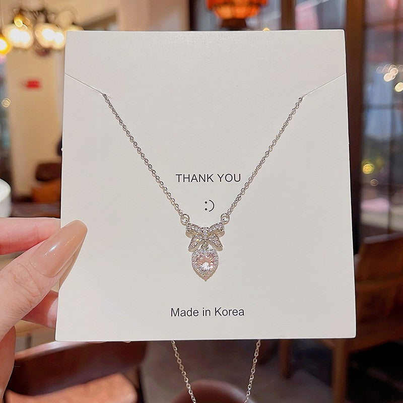 Colar coreano com pingente de laço de coração de cristal rosa, corrente prateada, para mulheres, joias estéticas para casamento