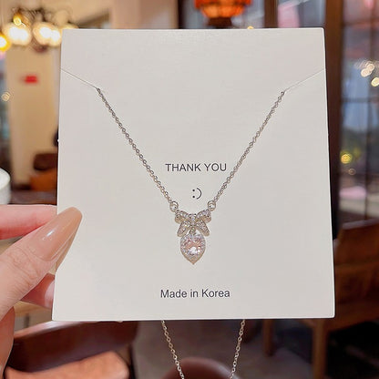 Colar coreano com pingente de laço de coração de cristal rosa, corrente prateada, para mulheres, joias estéticas para casamento
