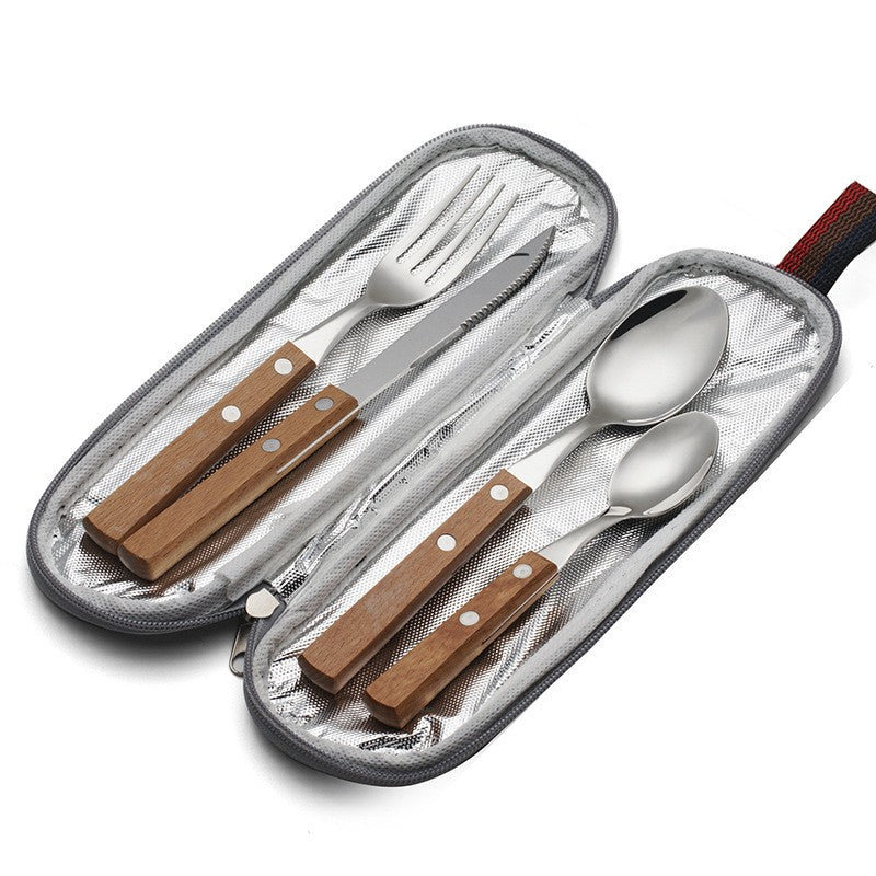 Utensílios de viagem de aço inoxidável com estojo Saudáveis e ecológicos Garfo e colher de tamanho normal Conjunto de talheres portáteis com bolsa de armazenamento