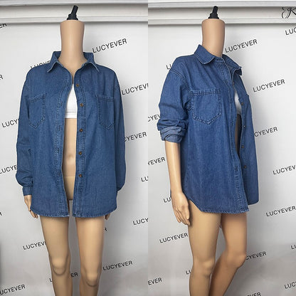 Lucyever Blue Denim Shirt Women 2023 Autumn New Single-Breasted Jeans Blouses Female Pockets Loose Fashion Lapel Cowboy Blusas