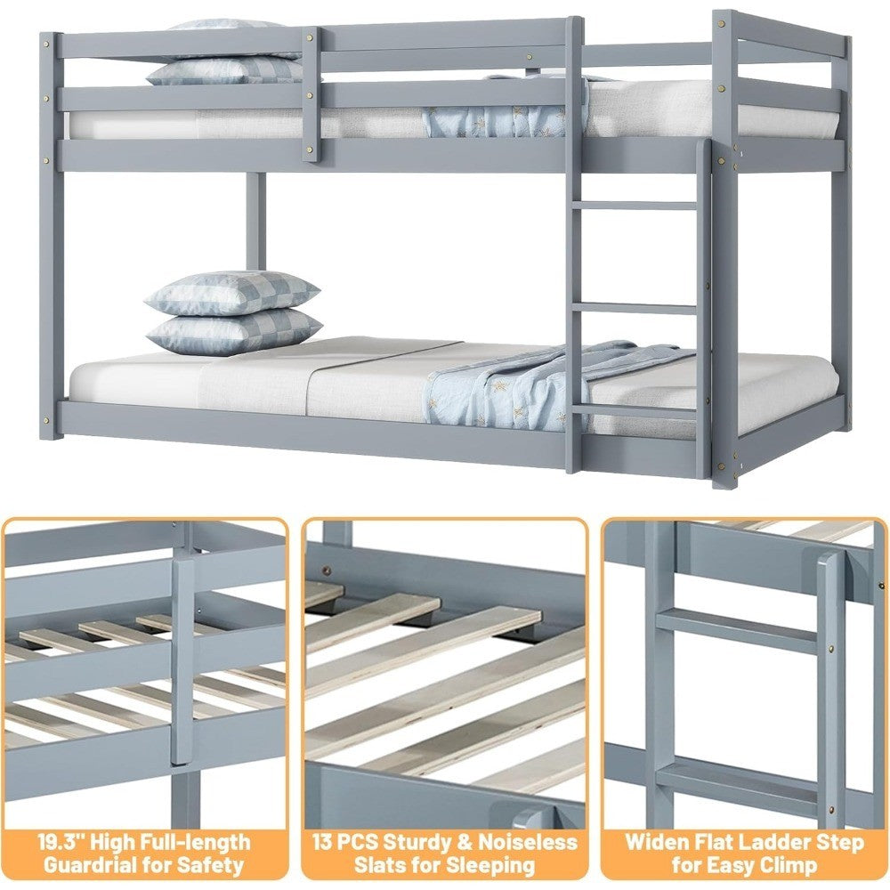 Bunk Bed Twin Over Twin, Wood Low Profile Floor Twin Bunk Beds with Ladder Guardrails , No Box Spring Needed