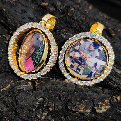Wholesale Custom Photo Pendant Memory Medallions Rotary Double-Sided Picture Necklace Hip Hop Iced Jewelry Personalized Gift