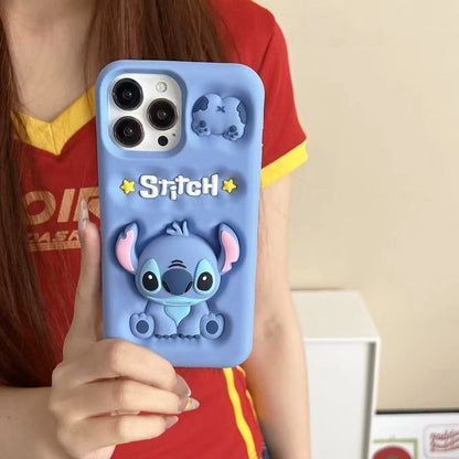 Capa de celular 3D fofa de desenho animado Stitch para iPhone 17 16 15 14 13 12 Pro Max 11 com suporte de silicone macio e pega de cabeça fofa