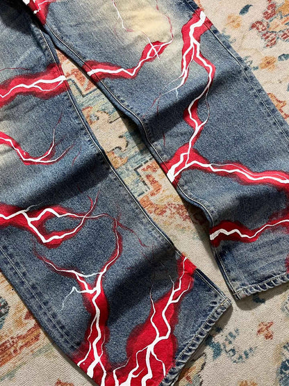 retro y2k gothic lightning graphic jeans wide legs loose loose hip-hop street style men and women fashion clothing