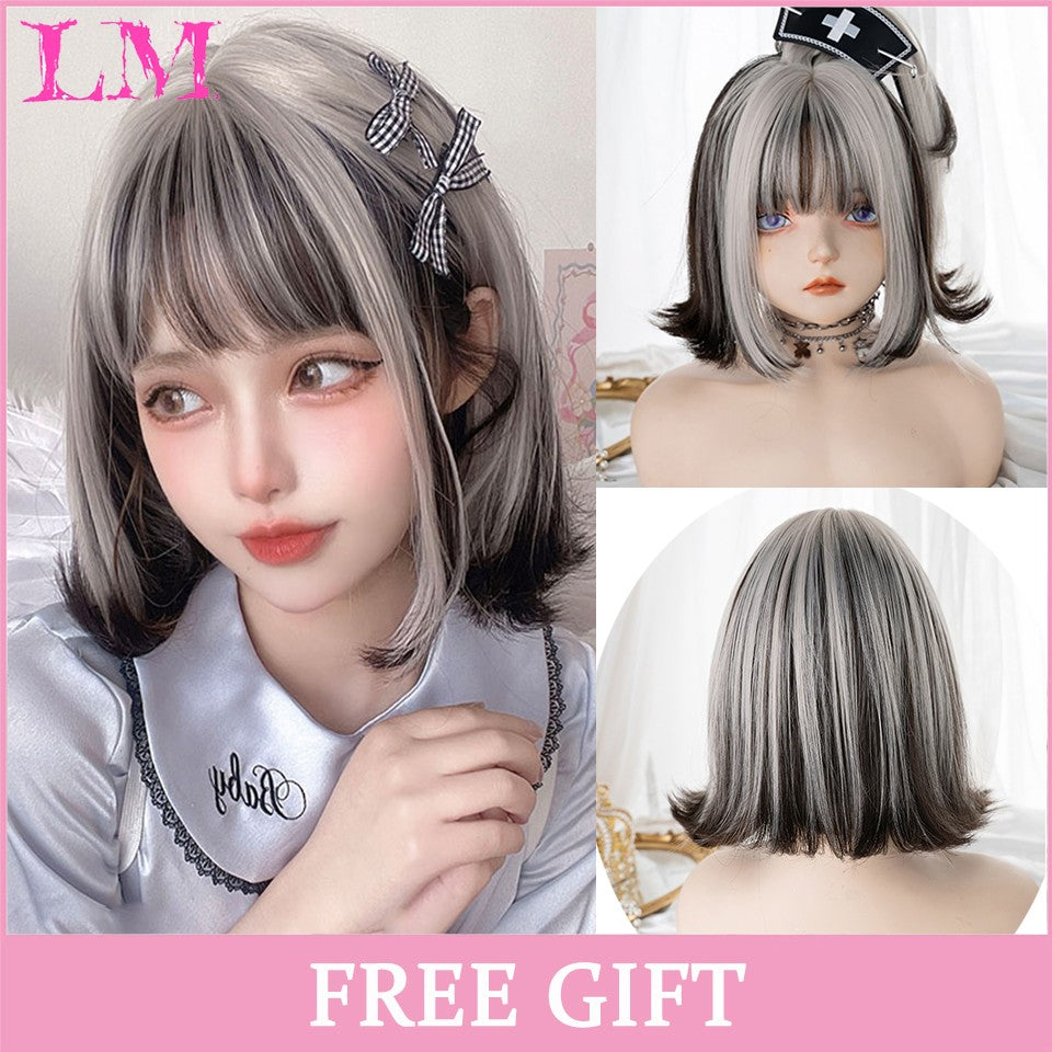LM Medium Length Pink Cosplay Wig Heat Resistant Costume Party Synthetic Wigs 2 Clip On Ponytail 7 Colors