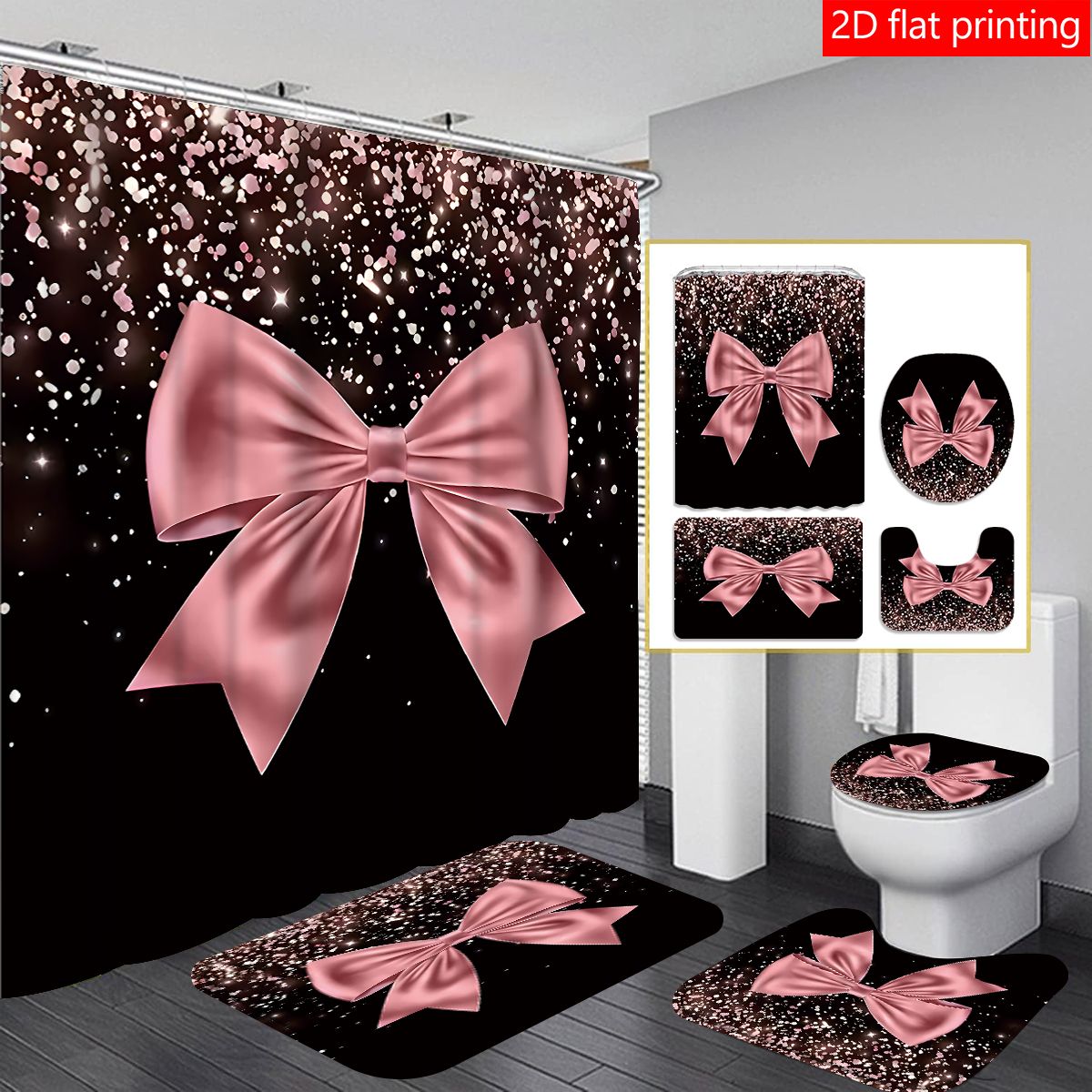 4pcs Black and Pink Large Bow Pattern Printed Shower Curtain Set, Wet & Dry Bathroom 4-Piece Set, Home Decor Shower Curtain with