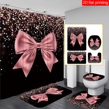 4pcs Black and Pink Large Bow Pattern Printed Shower Curtain Set, Wet & Dry Bathroom 4-Piece Set, Home Decor Shower Curtain with