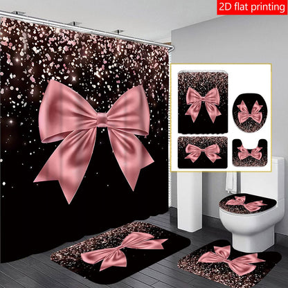 4pcs Black and Pink Large Bow Pattern Printed Shower Curtain Set, Wet & Dry Bathroom 4-Piece Set, Home Decor Shower Curtain with