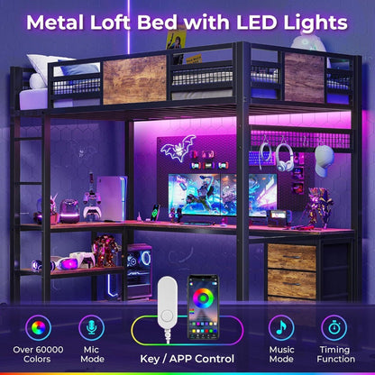 Cama Alta Tamanho Solteiro com Escrivaninha em L, Luzes LED, Estação de Carregamento, Estrutura de Cama Alta de Metal Tamanho Solteiro com Gavetas de Tecido e Prate