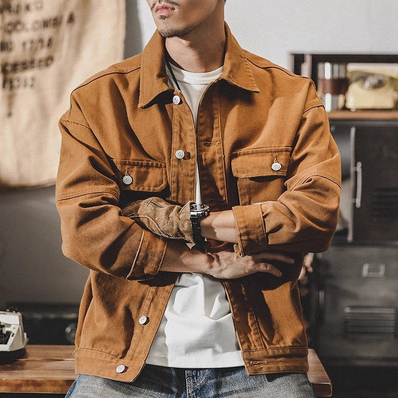 Denim Jackets Men Single Breasted Coat Cardigan Jacket Turn Down Collar Outerwear Long Sleeve Pockets Button Loose Casual