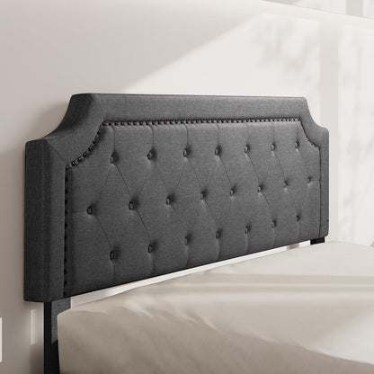 Full Size Grey Color Bed Frame Upholstered Low Profile Traditional Platform with Tufted and Nail Headboard/No Box Spring