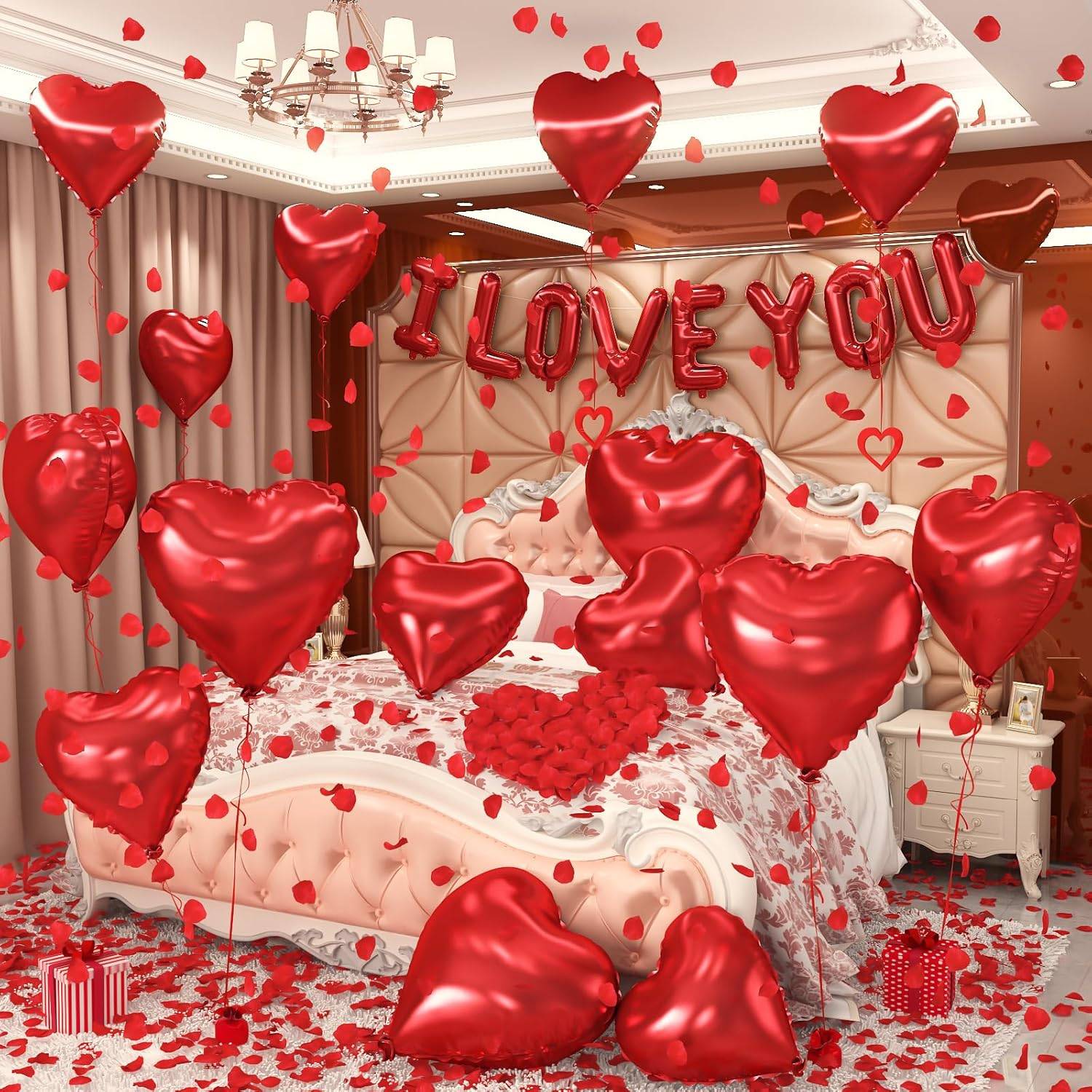 I Love You/Red Heart Love Foil Balloon 1000Pcs Rose Petals for Wedding Anniversary Valentine Day Romantic Special Night Party