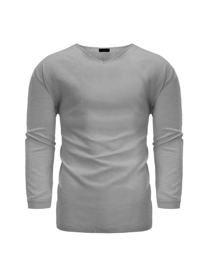 Men's Long Sleeve V-Neck Cotton Linen Loose Shirt