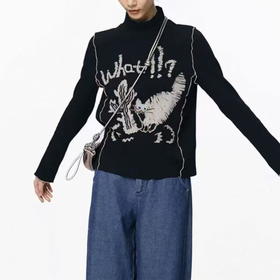 Winter Print T-Shirt Women 2025 - High Neck Cropped Long Sleeve Top, Stretchy Layering Basic Tee, Y2K Bodycon Casual Blouse, Ela