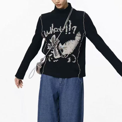 Winter Print T-Shirt Women 2025 - High Neck Cropped Long Sleeve Top, Stretchy Layering Basic Tee, Y2K Bodycon Casual Blouse, Ela