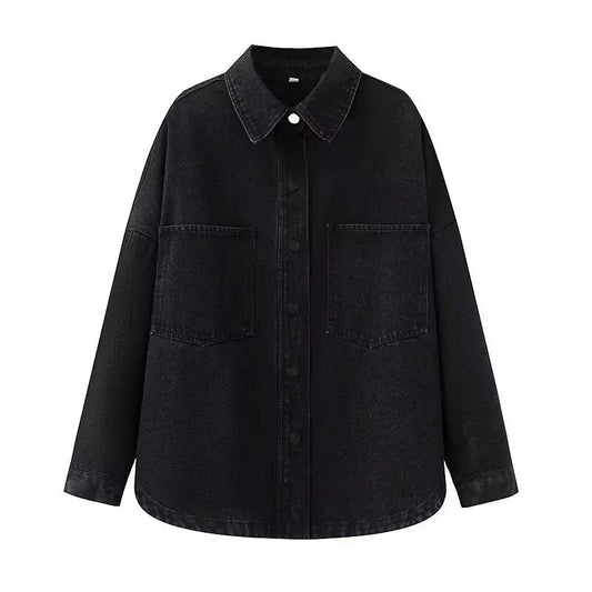Retro Washed Loose Long Sleeve Women's Denim Shirt Vintage Workwear Style Button up Casual Outerwear from Mainland China