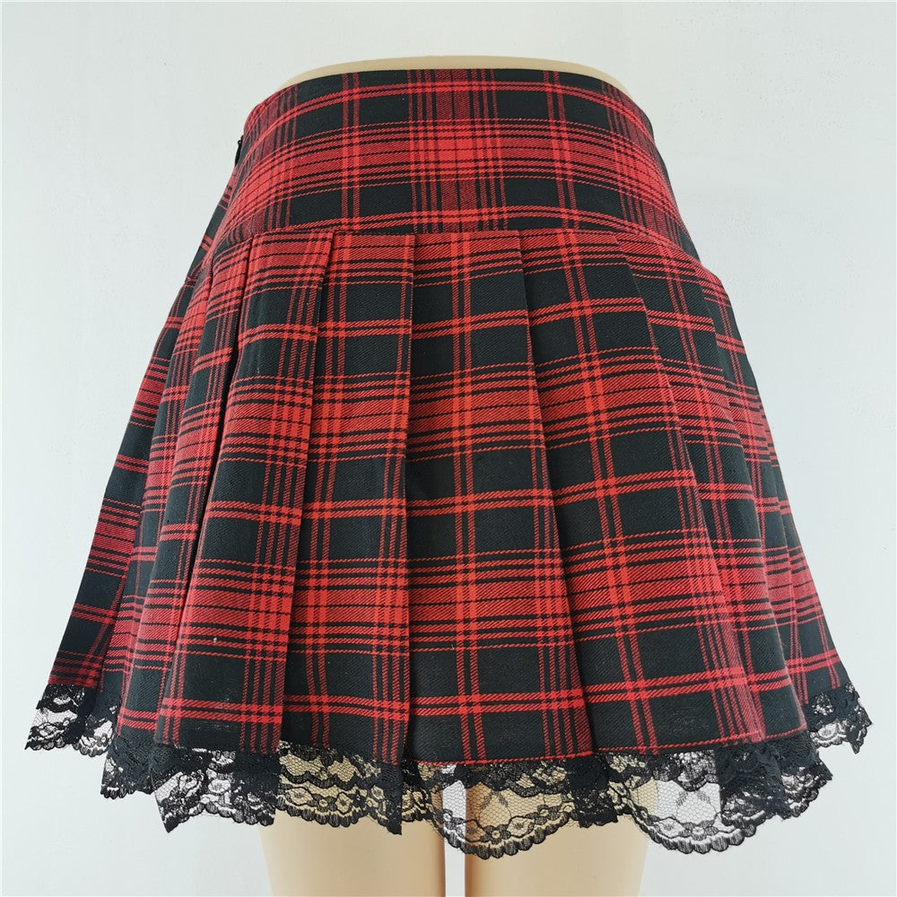 New Contrast Lace Plaid Pleated Skirt Vintage Sexy Skater Clothes Harajuku Gothic Punk England Style Y2k Skirt