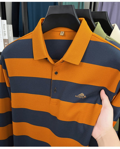 Unique stripe color blocked long sleeve polo shirt men high-end trend brand letters embossed spring autumn new comfort T-shirt