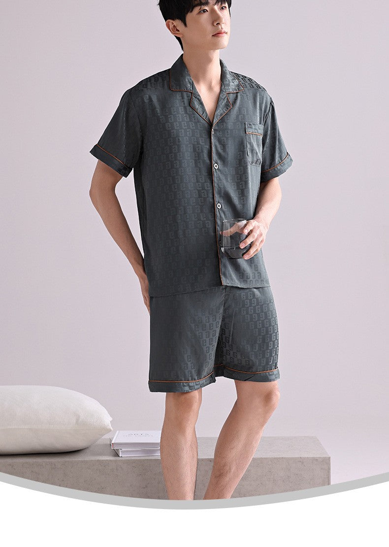 Ice Silk Pajamas Men's Spring and Summer Light and Breathable Simulation Silk Satin Short-sleeved Shorts Youth Simple Loungewear